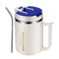 Insulated Coffee Mug 500ml Stainless Steel Cup Phone Stand Lid Straw White Blue