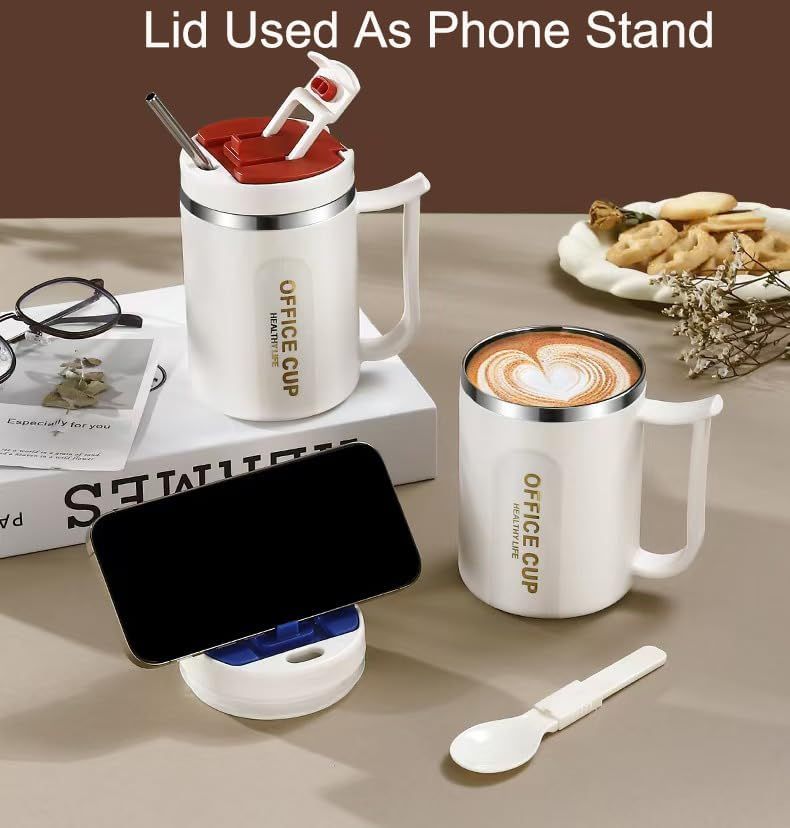 Insulated Coffee Mug 500ml Stainless Steel Cup Phone Stand Lid Straw White Blue