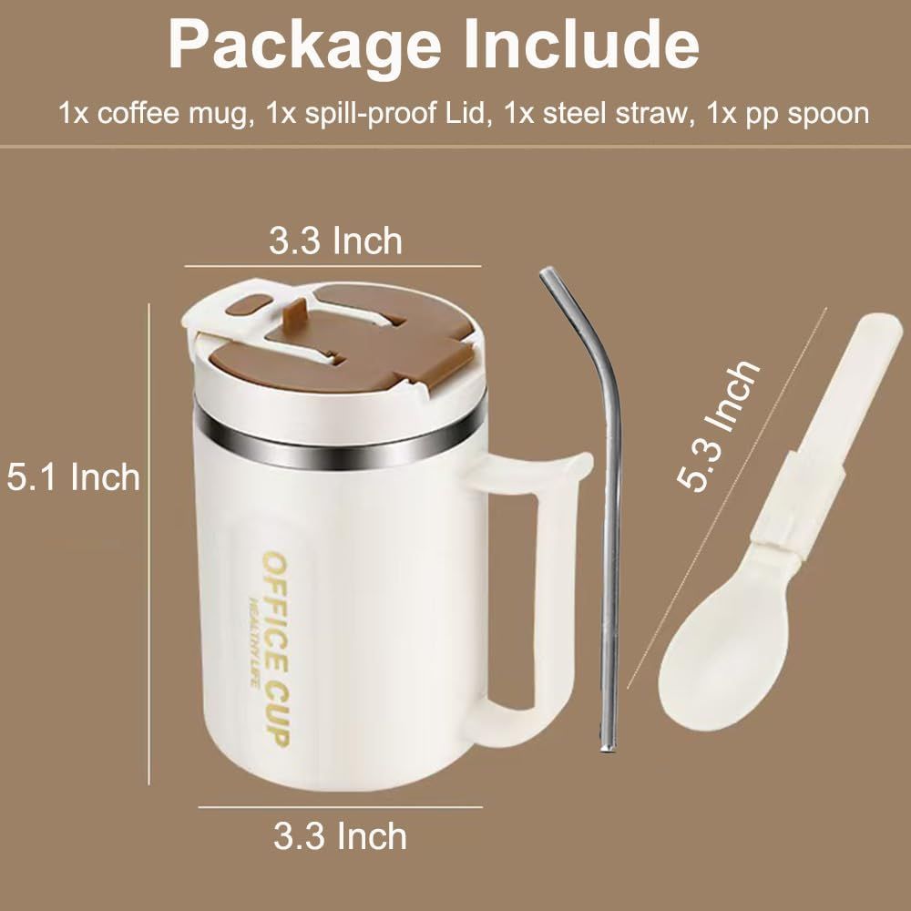 Insulated Coffee Mug 500ml Stainless Steel Cup Phone Stand Lid Straw White Blue