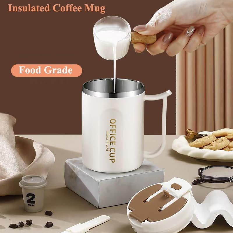 Insulated Coffee Mug 500ml Stainless Steel Cup Phone Stand Lid Straw White Red