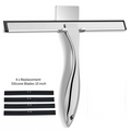 Silver Stainless Steel Glass Squeegee for Car Windshield & Countertop - 10 inch Hydrophobic Window Cleaner and Squeegee Blade with Adhesive Holder Hook & 4 Replacement Silicone Blades
