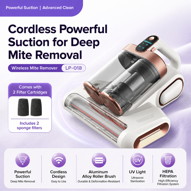 Grey and Purple Wireless UV Mattress Vacuum Cleaner and Handheld Mite Removal Vacuum - Portable Bed Cleaner with 8KPA Strong Suction, Ultrasonic & UV Light Sterilization, 520ML Large Dual Dust Cup, HEPA Filter and LED Display