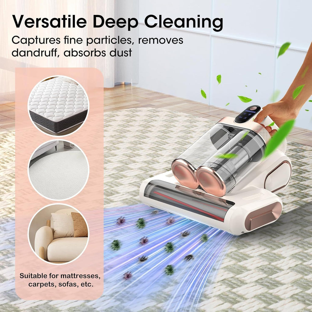 Grey and Purple Wireless UV Mattress Vacuum Cleaner and Handheld Mite Removal Vacuum - Portable Bed Cleaner with 8KPA Strong Suction, Ultrasonic & UV Light Sterilization, 520ML Large Dual Dust Cup, HEPA Filter and LED Display
