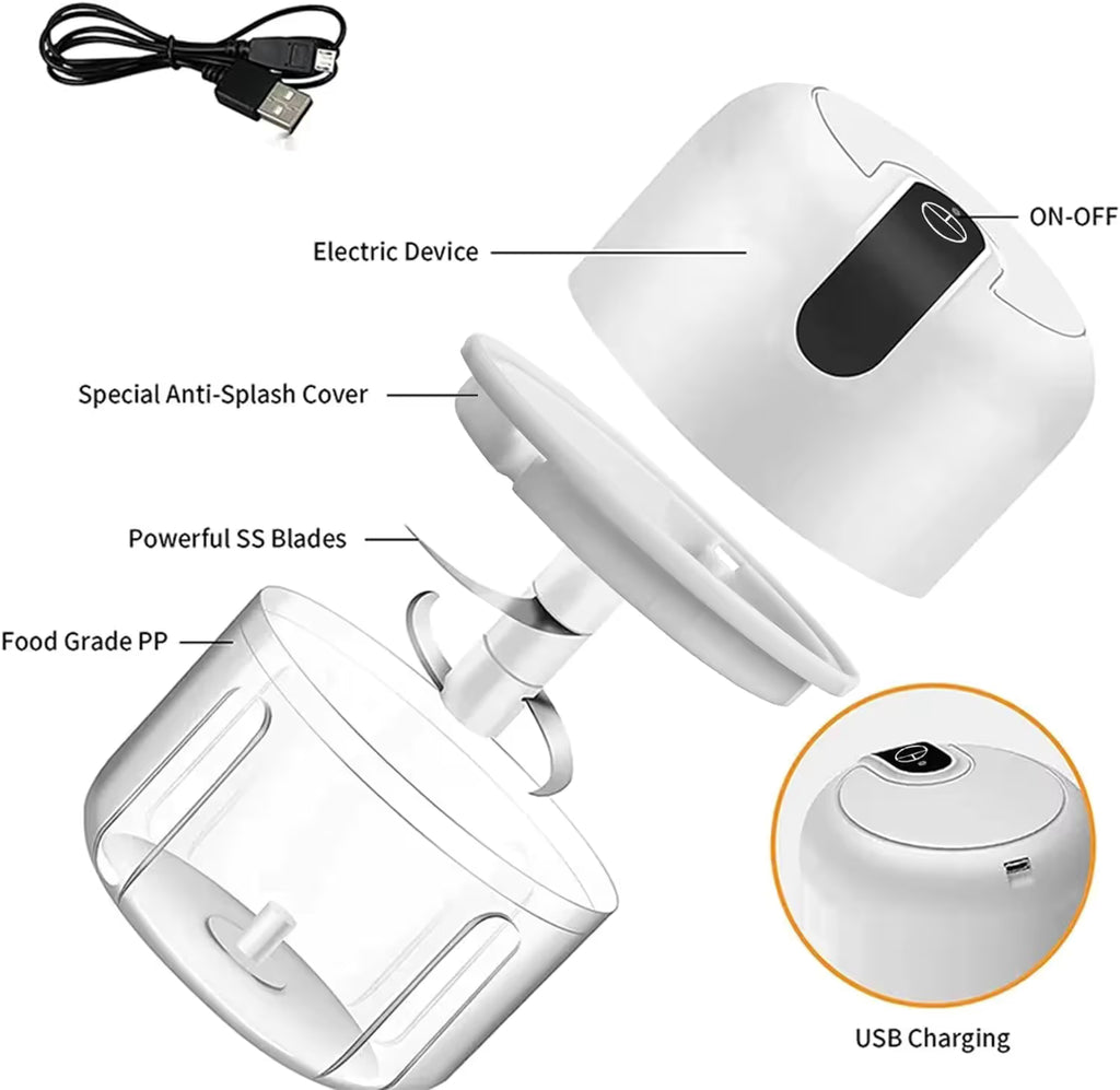 White 250ML Electric Mini Food Processor & Garlic Chopper with 3 Stainless Steel Blades & USB Charging – Portable Smasher & Meat Grinder for Vegetable,Chili,Fruits,Ginger and Baby Food,Seasoning