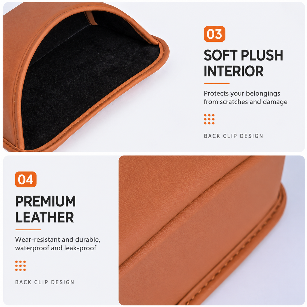 Black Waterproof Leather Car Hanging Storage Organizer with Back Clip 14.5 x 10.5CM – Mutifunctional Car Trash Bin Cup Holder Phone Storage Pocket for Seat Back, Door & Center Console