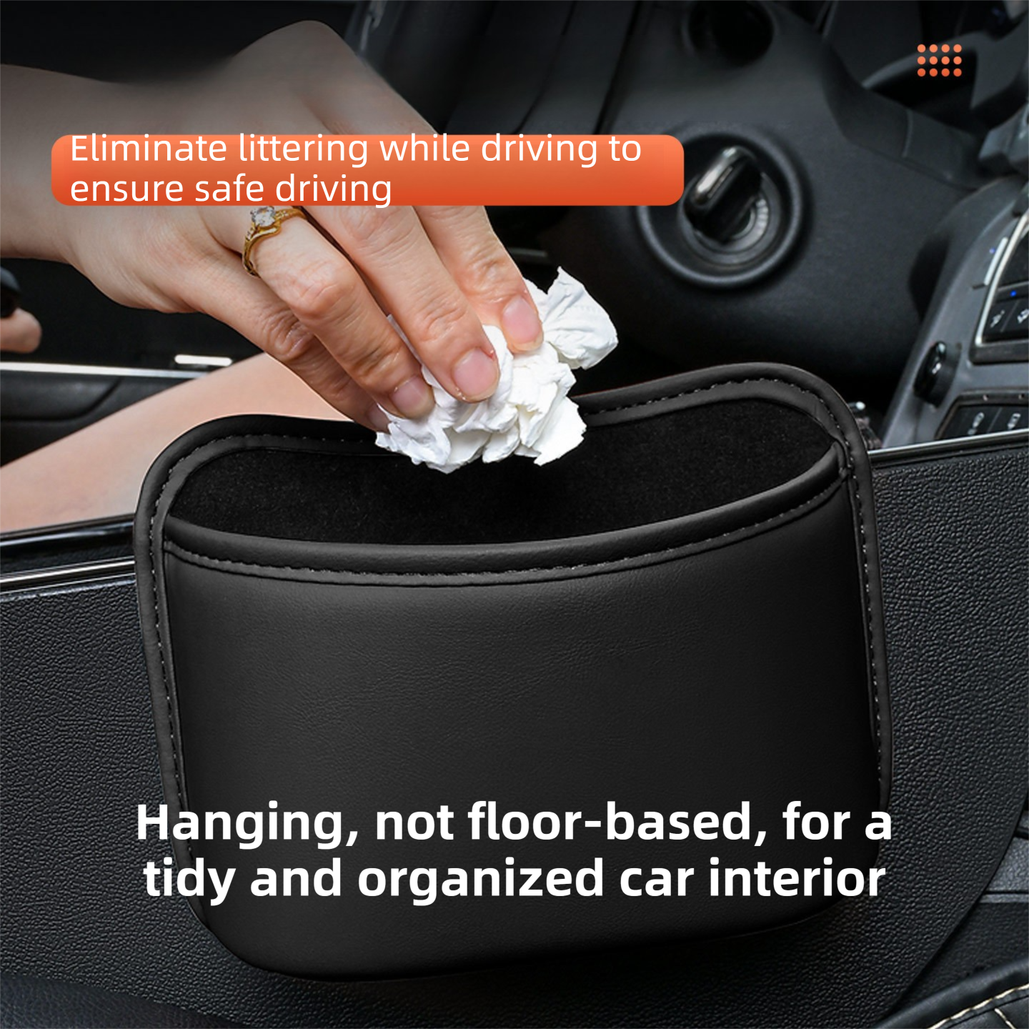 Orange Waterproof Leather Car Hanging Storage Organizer with Back Clip 14.5 x 10.5CM – Mutifunctional Car Trash Bin Cup Holder Phone Storage Pocket for Seat Back, Door & Center Console