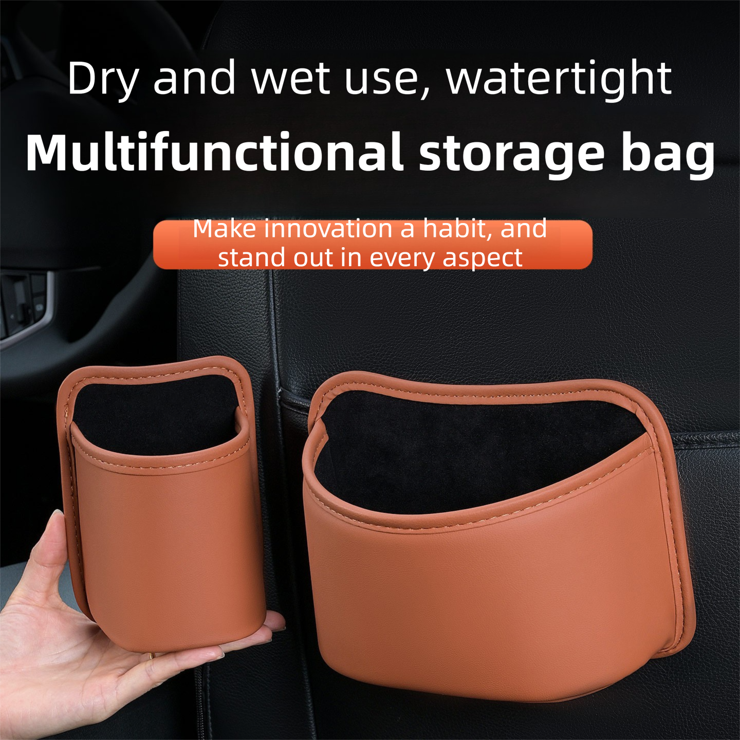 Coffee Waterproof Leather Car Hanging Storage Organizer with Back Clip 20 x 14.5CM – Mutifunctional Car Trash Bin Cup Holder Phone Storage Pocket for Seat Back, Door & Center Console