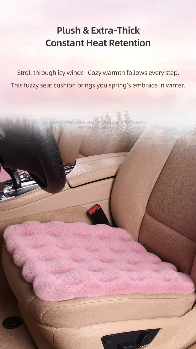Winter Car Seat Cushion + Plush Steering Wheel Cover Set Fluffy 38cm Green