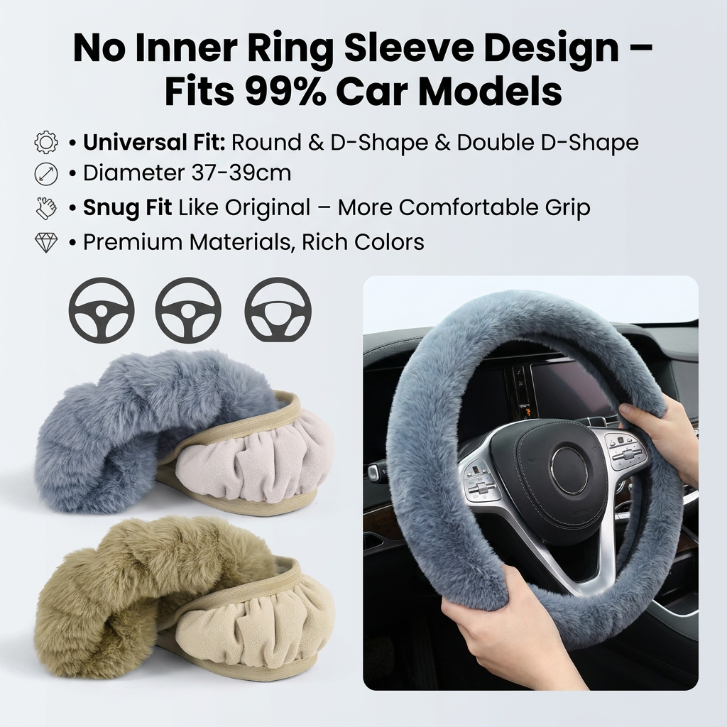 Winter Car Seat Cushion + Plush Steering Wheel Cover Set Fluffy 38cm Green
