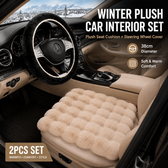 Winter Car Seat Cushion + Plush Steering Wheel Cover Set Fluffy 38cm Khaki