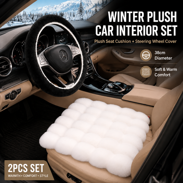 Winter Car Seat Cushion + Plush Steering Wheel Cover Set Fluffy 38cm White