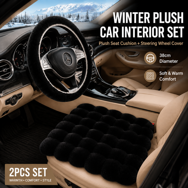 Winter Car Seat Cushion + Plush Steering Wheel Cover Set Fluffy 38cm Black