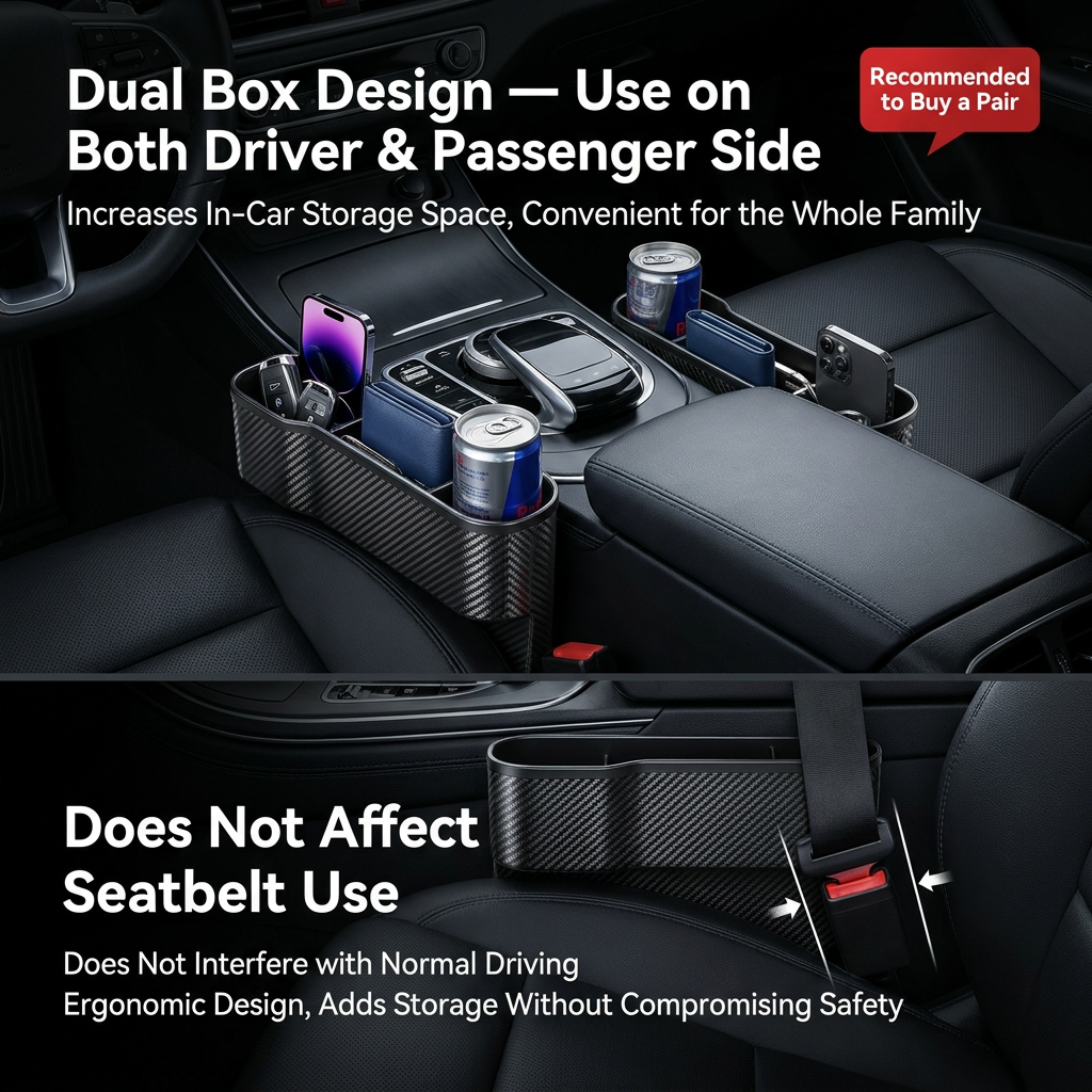 2x Carbon Fibre Car Seat Gap Filler Organiser Storage Box Cup Holder Charging