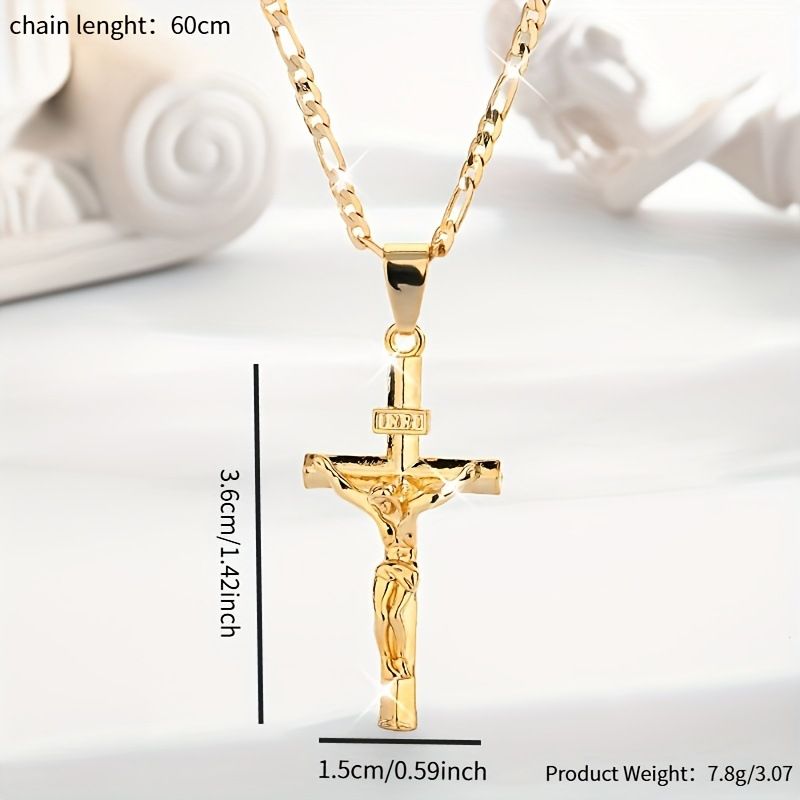 Vintage Gold-plated Jesus Cross Pendant Necklace with Smooth Long Chain & Gift Box, Minimalist Jesus Religious Jewelry Christmas Easter Graduation Gift for Women Men