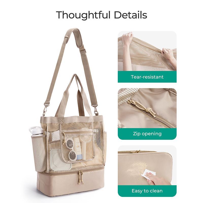 16.5 x 7.9 x 18.9" Beige Beach Travel Mesh Tote Bag with 14L Insulated Drink Compartment - Multi Pockets Sandproof Beach Picnic Bag with Picnic Mat Strap, Cup Holder and Waterproof Phone Pocket