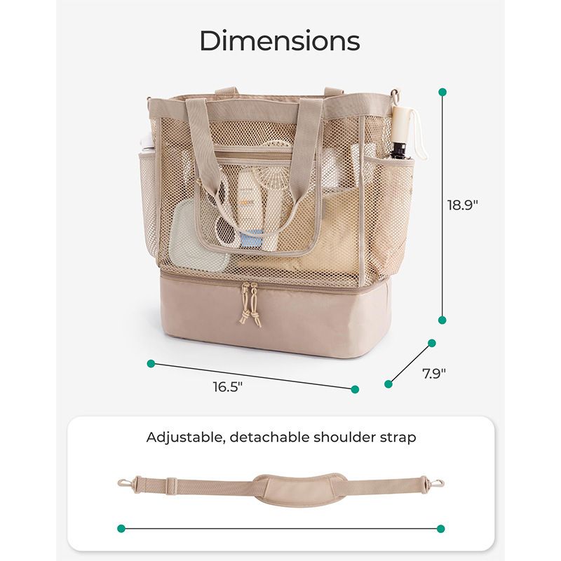 16.5 x 7.9 x 18.9" Khaki Beach Travel Mesh Tote Bag with 14L Insulated Drink Compartment - Multi Pockets Sandproof Beach Picnic Bag with Picnic Mat Strap, Cup Holder and Waterproof Phone Pocket