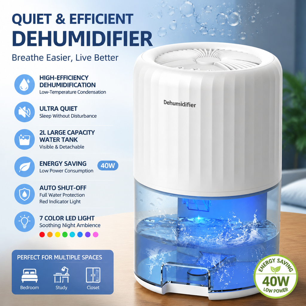 Mini Dehumidifier 2L Portable Quiet Air Purifying Night Light Auto Off White
