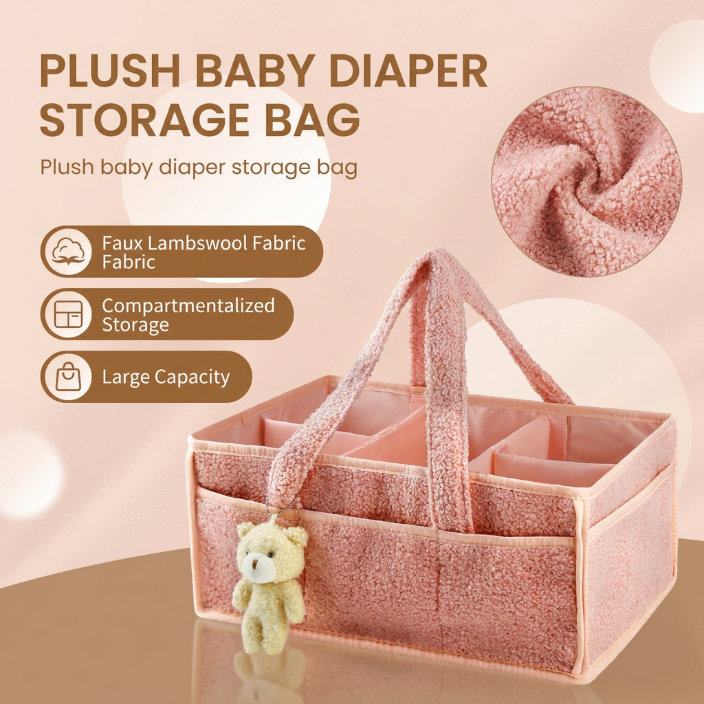 Light Green Large Capacity Plush Baby Diaper Caddy Storage Tote, Foldable Nursery Organizer Bag and Mommy Handbag with Muti Pockets, 4 Adjustable Dividers and Teddy Charm for Travel & Home Use (15.3 x 10.6 x 7")