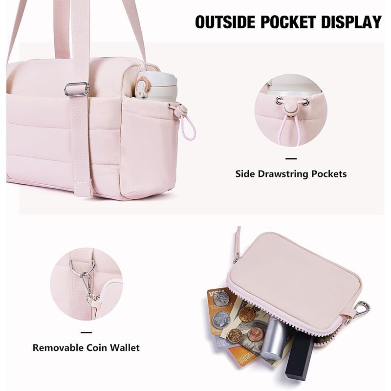 Pink Women’s Fluffy Nylon Gym Travel Tote Bag and Coin Purse Set - Side Drawstring Cup Holder, Front / Back Zipper Pockets and Wet & Dry Separation, Large Capacity and Lightweight 11.7 x 4.2 x 8"