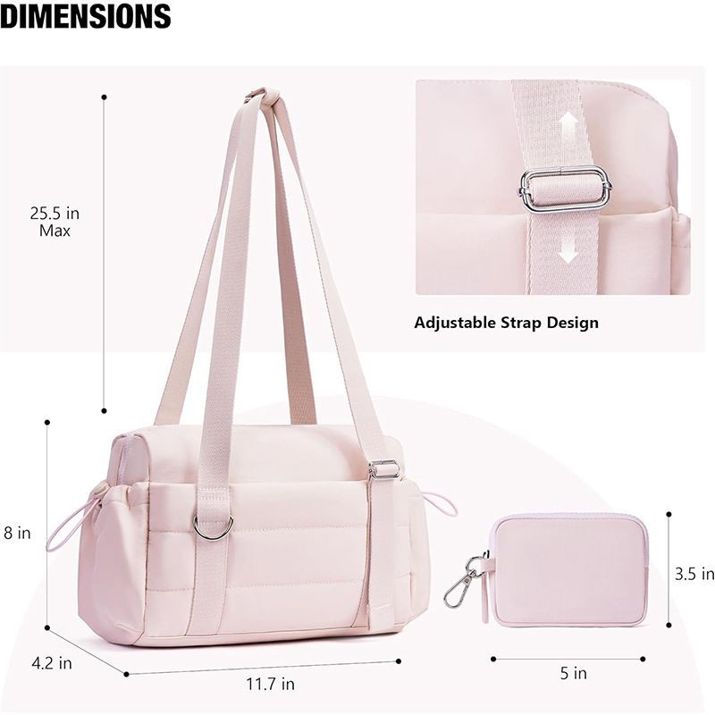Pink Women’s Fluffy Nylon Gym Travel Tote Bag and Coin Purse Set - Side Drawstring Cup Holder, Front / Back Zipper Pockets and Wet & Dry Separation, Large Capacity and Lightweight 11.7 x 4.2 x 8"