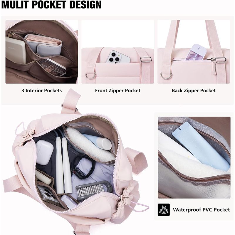 Beige Women’s Fluffy Nylon Gym Travel Tote Bag and Coin Purse Set - Side Drawstring Cup Holder, Front / Back Zipper Pockets and Wet & Dry Separation, Large Capacity and Lightweight 11.7 x 4.2 x 8"
