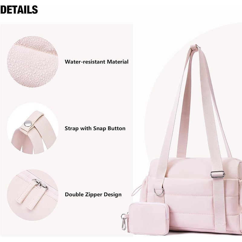 Beige Women’s Fluffy Nylon Gym Travel Tote Bag and Coin Purse Set - Side Drawstring Cup Holder, Front / Back Zipper Pockets and Wet & Dry Separation, Large Capacity and Lightweight 11.7 x 4.2 x 8"