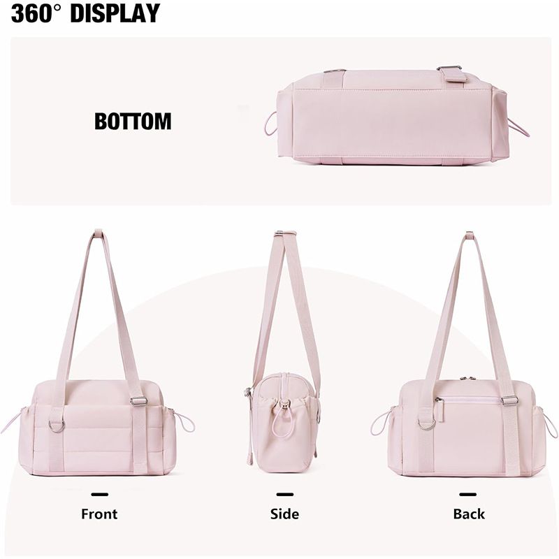 Beige Women’s Fluffy Nylon Gym Travel Tote Bag and Coin Purse Set - Side Drawstring Cup Holder, Front / Back Zipper Pockets and Wet & Dry Separation, Large Capacity and Lightweight 11.7 x 4.2 x 8"