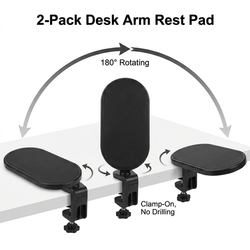 4-Piece Black Ergonomic Desk Arm Rest & Wrist Support Set with 2 Pack Clamp-On 180° Rotating Arm Rests + Memory Foam Keyboard Wrist Rest + Mouse Wrist Pad - Anti-Slip, Easy Clean and Pressure Relief for Home Office & Gaming Use