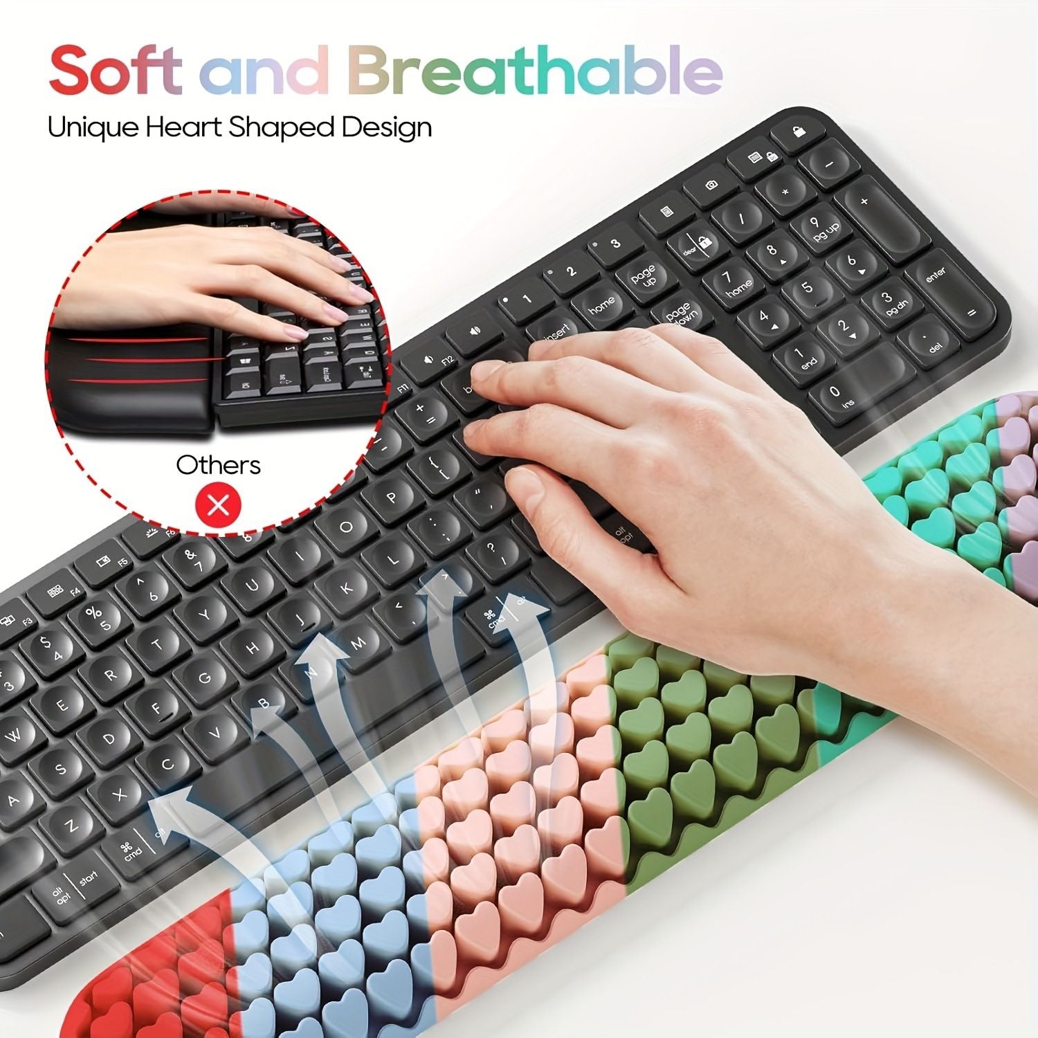 2-Piece Colorful Heart Silicone Ergonomic Keyboard & Mouse Wrist Pad Set – Washable Non-Slip Gel Hand Support for Home Office Gaming & Typing