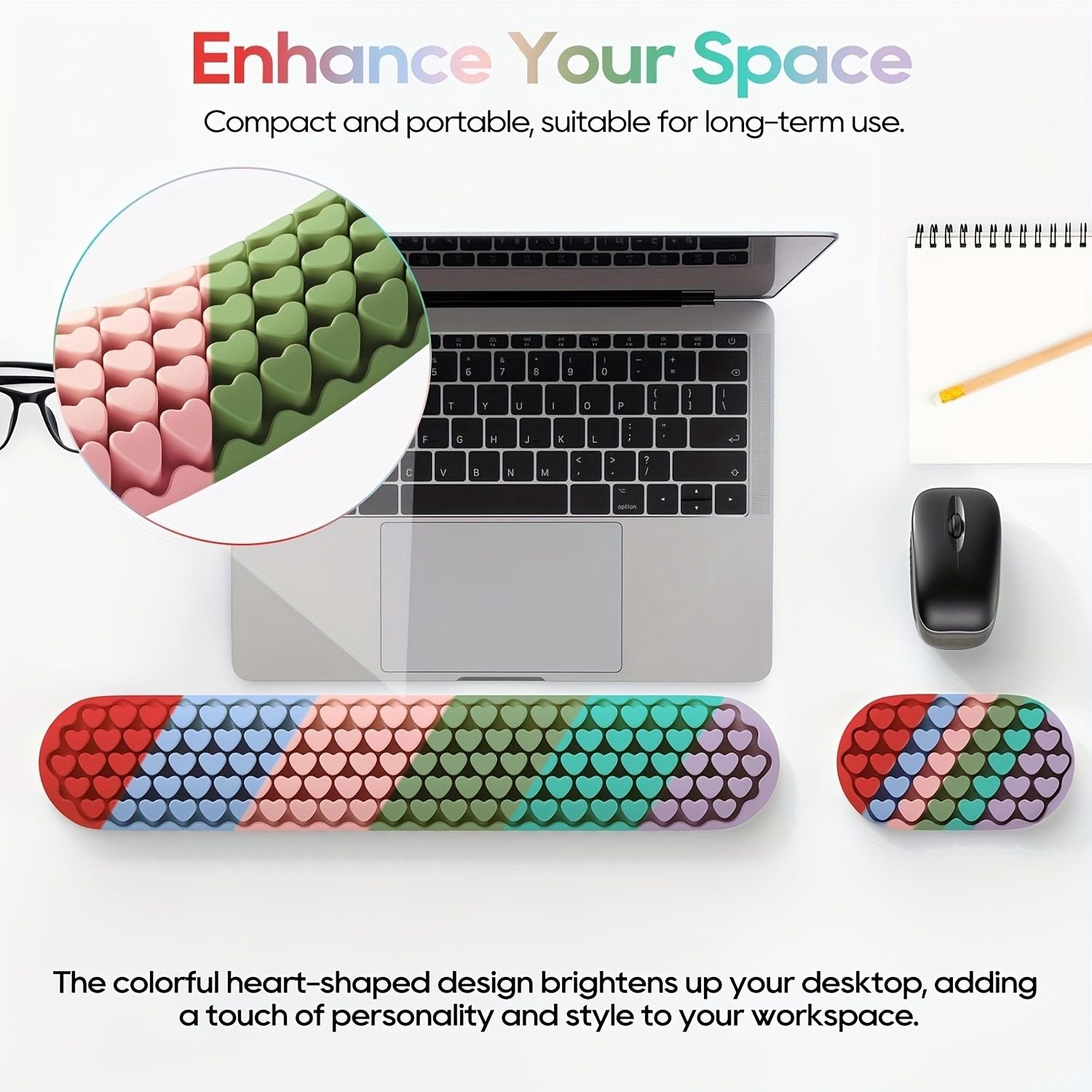2-Piece Colorful Heart Silicone Ergonomic Keyboard & Mouse Wrist Pad Set – Washable Non-Slip Gel Hand Support for Home Office Gaming & Typing