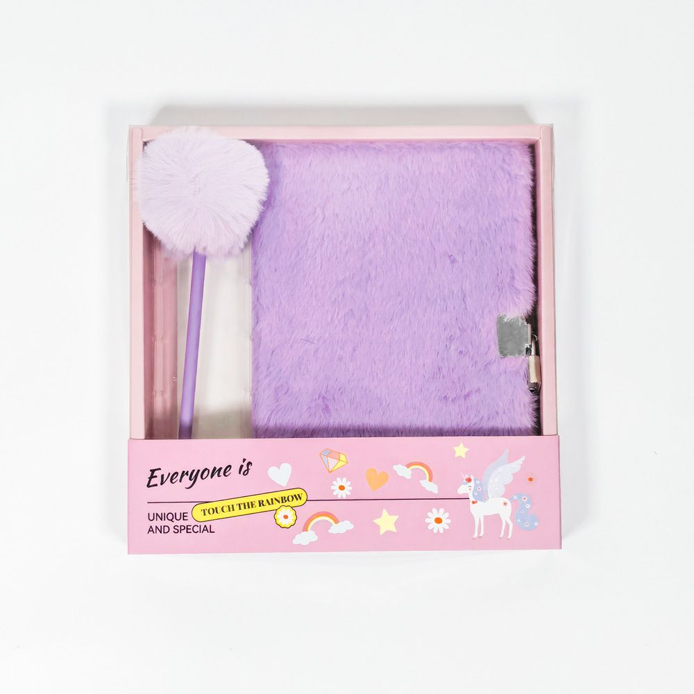 Purple Plush A5 Notebook and Pom Pom Pen Gift Box with Privacy Lock & Key - Soft Faux Fur Diary, Secure Personal Journal, Perfect Gift-Ready Stationery for Kids and Teens
