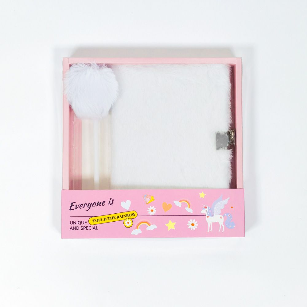 White Plush A5 Notebook and Pom Pom Pen Gift Box with Privacy Lock & Key - Soft Faux Fur Diary, Secure Personal Journal, Perfect Gift-Ready Stationery for Kids and Teens