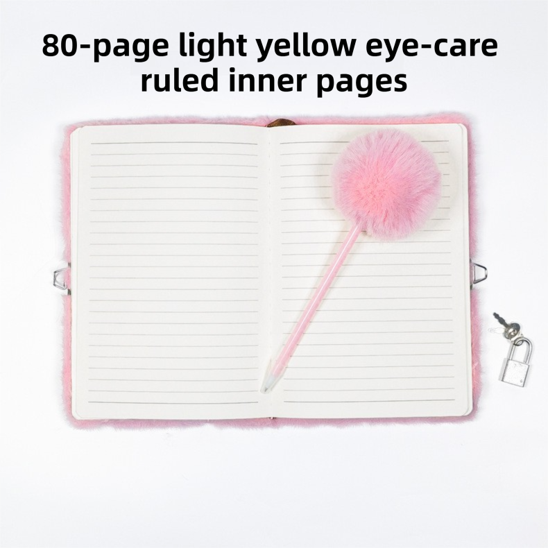 Rose Red Plush A5 Notebook and Pom Pom Pen Gift Box with Privacy Lock & Key - Soft Faux Fur Diary, Secure Personal Journal, Perfect Gift-Ready Stationery for Kids and Teens