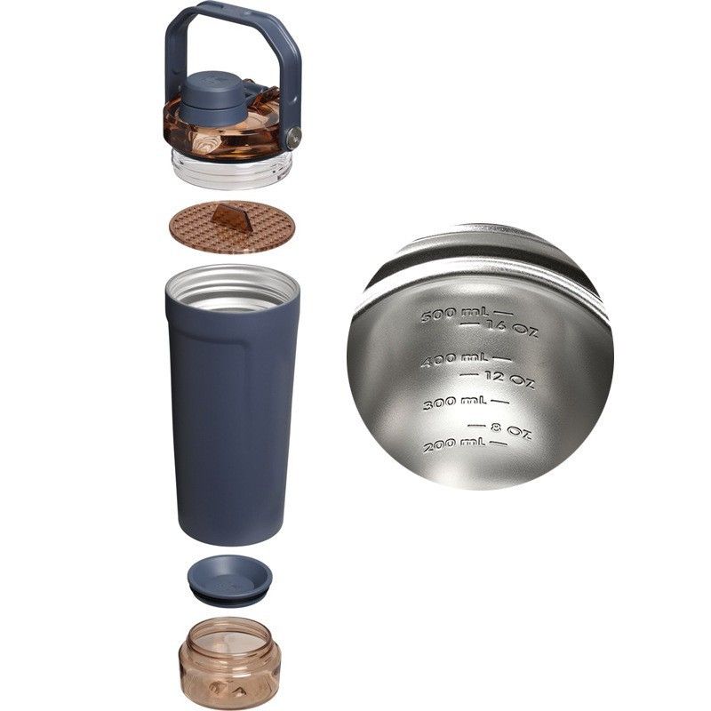 Olive Green Sports Nutritional Drinkware Set with 16oz Stainless Steel Protein Shaker Bottle and Sliding Anti-spill Scoop - Vacuum Insulated Gym Flask with Detachable Bottom Storage Capsule and Quick-Open Lid, Filter Net & Portable Handle for Gym and Outd