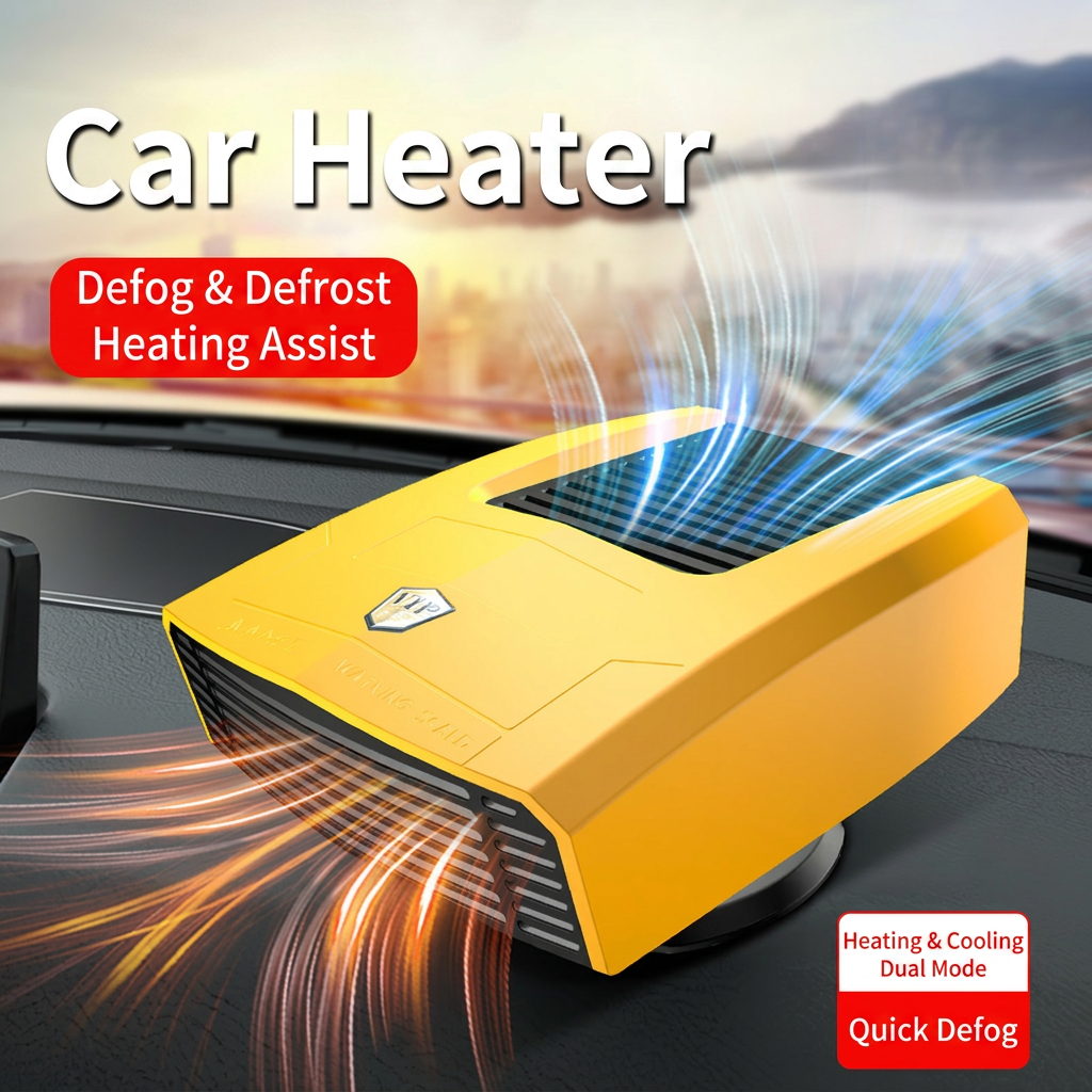 Yellow Compact Car Heater Fan with 360° Adjustable Base, Fast Defrost & Demister, Dual Mode Heat & Cooling Fan, Quiet Constant Tempe Dashboard Heater for Cars Winter Driving (12V / 150W)