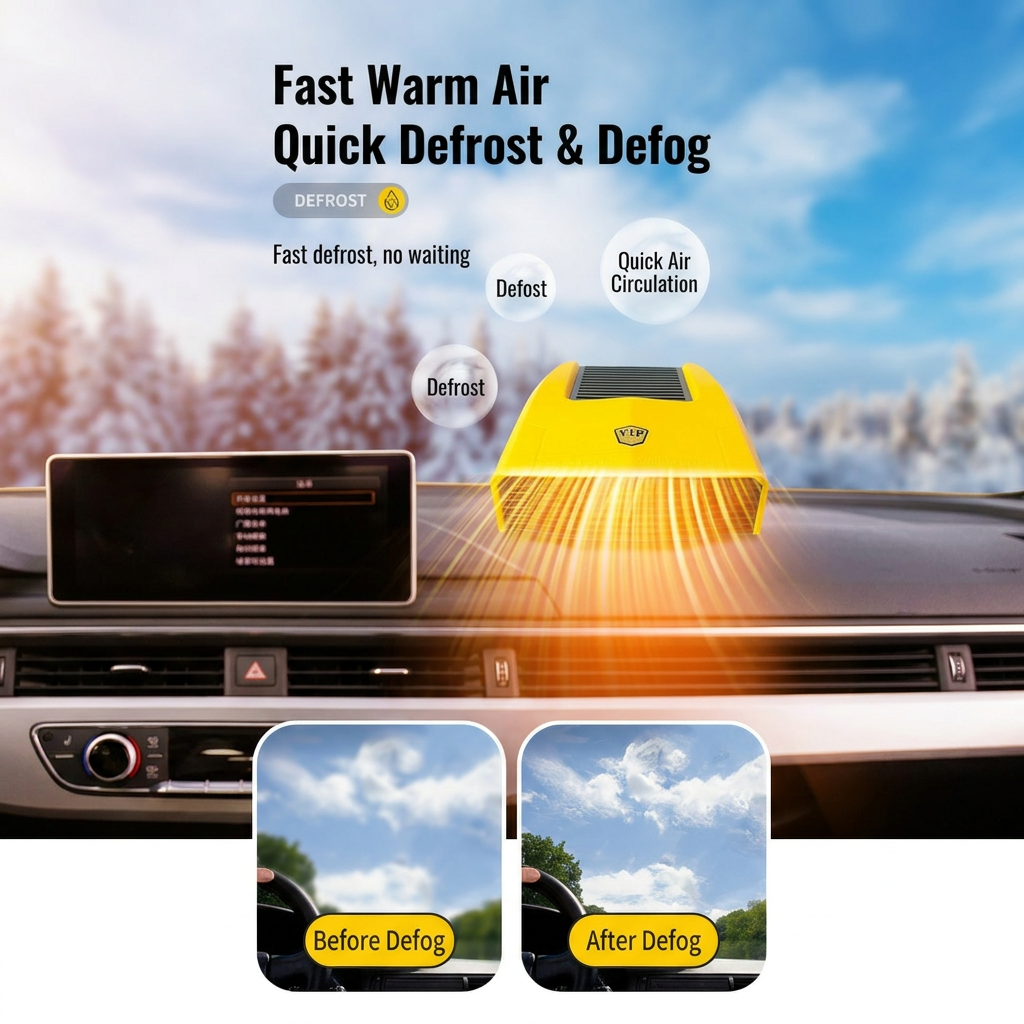 Yellow Compact Car Heater Fan with 360° Adjustable Base, Fast Defrost & Demister, Dual Mode Heat & Cooling Fan, Quiet Constant Tempe Dashboard Heater for Cars Winter Driving (12V / 150W)
