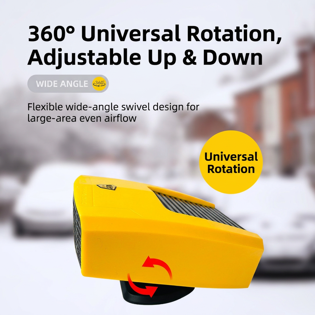 Yellow Compact Car Heater Fan with 360° Adjustable Base, Fast Defrost & Demister, Dual Mode Heat & Cooling Fan, Quiet Constant Tempe Dashboard Heater for Cars Winter Driving (12V / 150W)