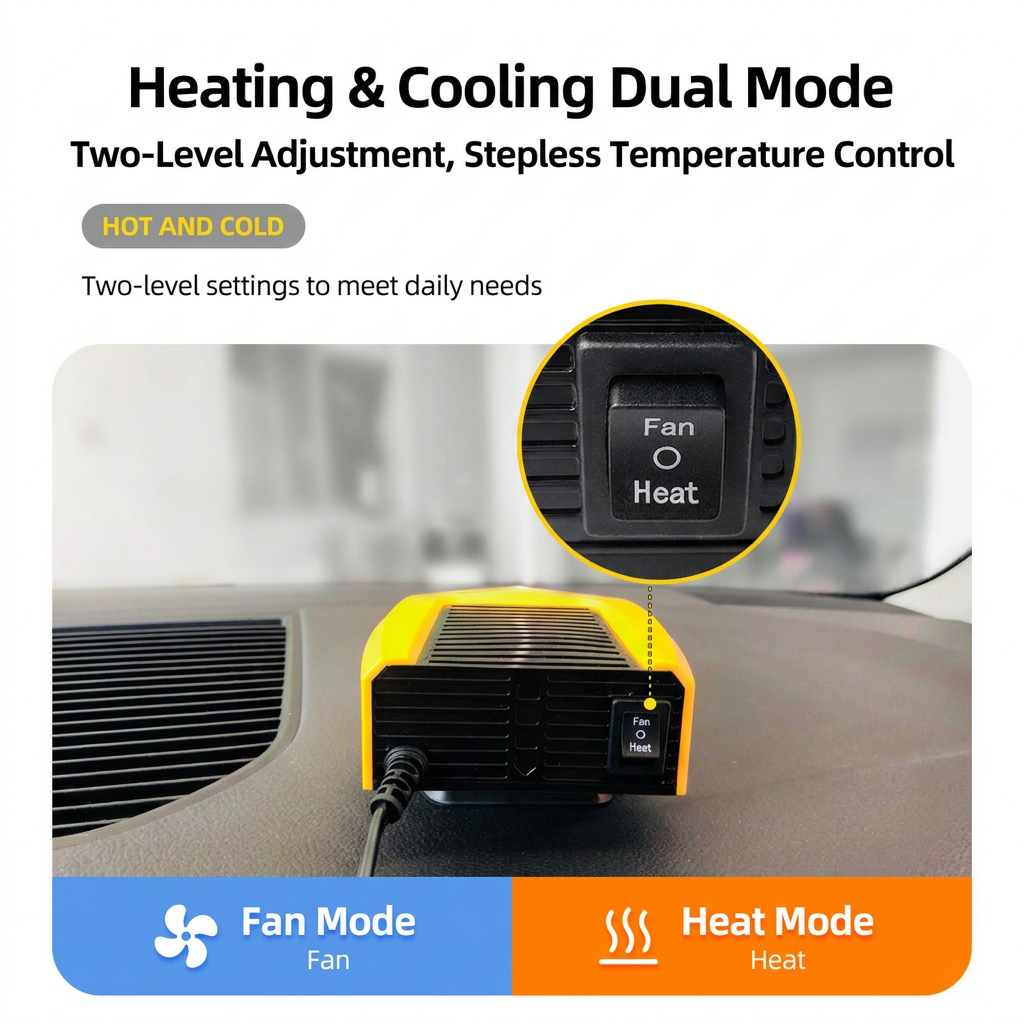 Green Compact Car Heater Fan with 360° Adjustable Base, Fast Defrost & Demister, Dual Mode Heat & Cooling Fan, Quiet Constant Tempe Dashboard Heater for Cars Winter Driving (12V / 150W)