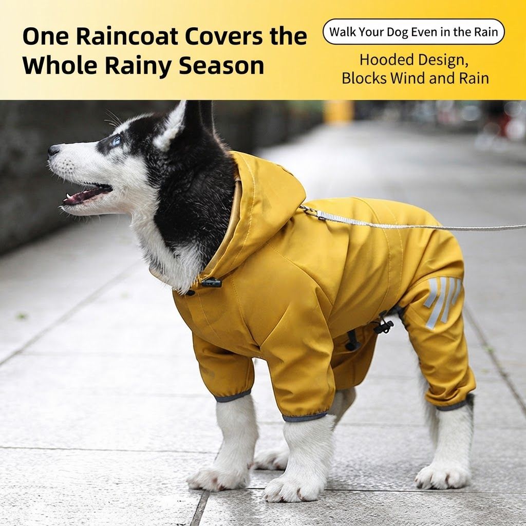 Yellow Waterproof Full Body Dog Raincoat with Adjustable Hood & Waist, Easy Snap Closure and Hidden Leash Opening - Lightweight Four-Leg Reflective Pet Rain Suit for Small Medium Large Dogs, L Size
