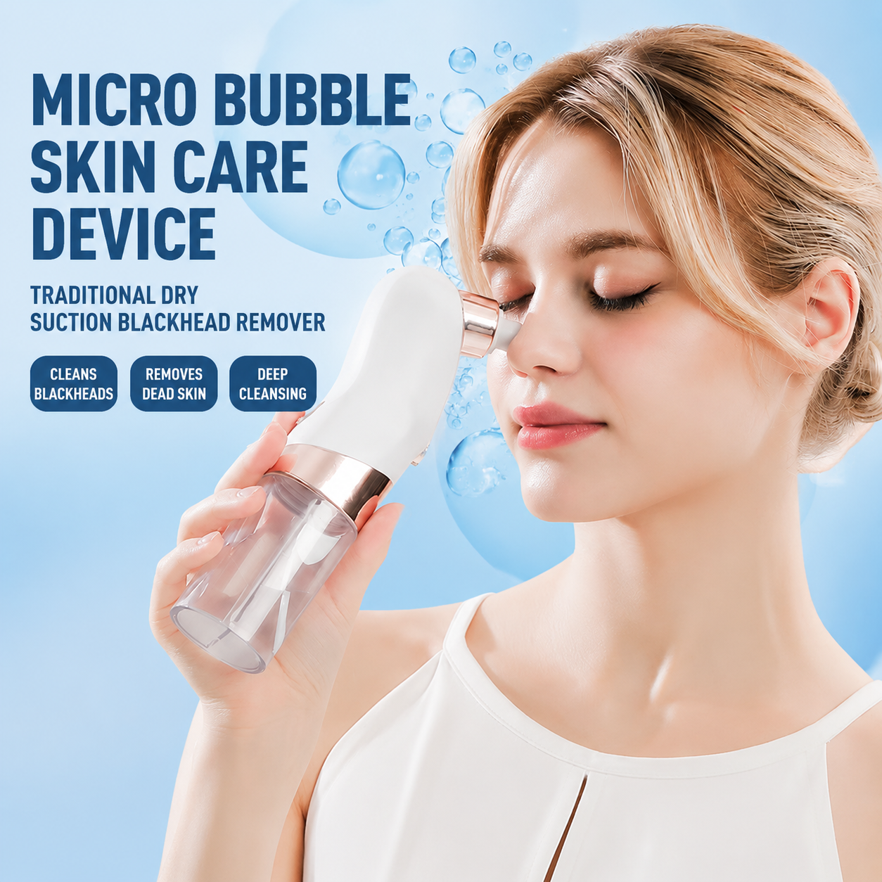 Microbubble Oxygen Hydration Facial Pore Cleanser and Pink Reusable Ice Roller Set with Waste Separation Design, 3 Level Vacumn Suction and 6 Replaceable Heads - Portable Facial Pore Cleaning & Cooling Kit for Home & Travel Skincare