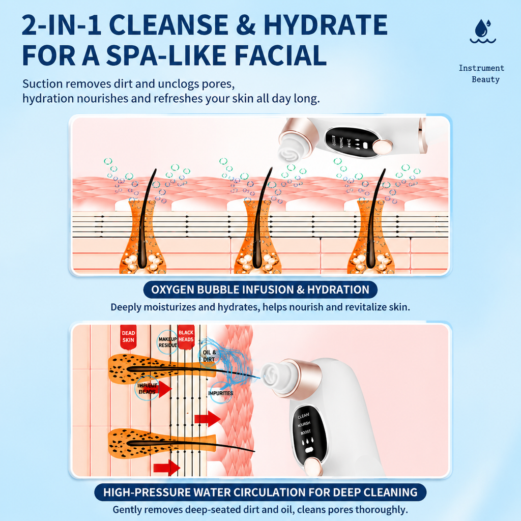 Microbubble Oxygen Hydration Facial Pore Cleanser and Purple Reusable Ice Roller Set with Waste Separation Design, 3 Level Vacumn Suction and 6 Replaceable Heads - Portable Facial Pore Cleaning & Cooling Kit for Home & Travel Skincare