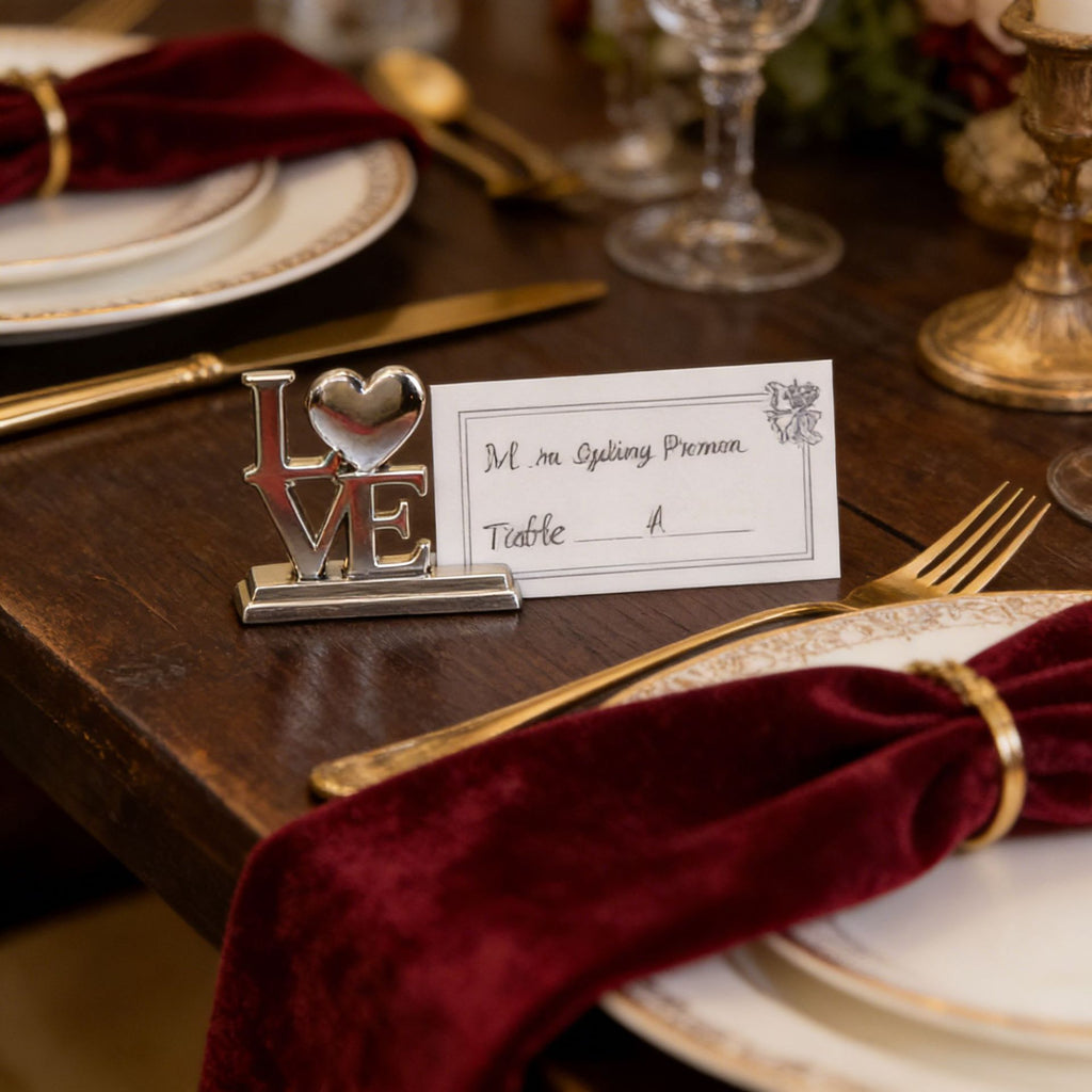 10-Pack Silver Plated Alloy Place Card Holders with LOVE Designs, Elegant Wedding Reception Seating Card Clips for Banquets, Parties and Events