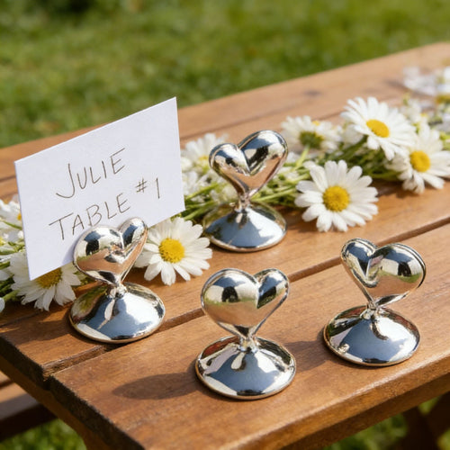 10-Pack Silver Plated Alloy Place Card Holders with Soild Heart Designs, Elegant Wedding Reception Seating Card Clips for Banquets, Parties and Events