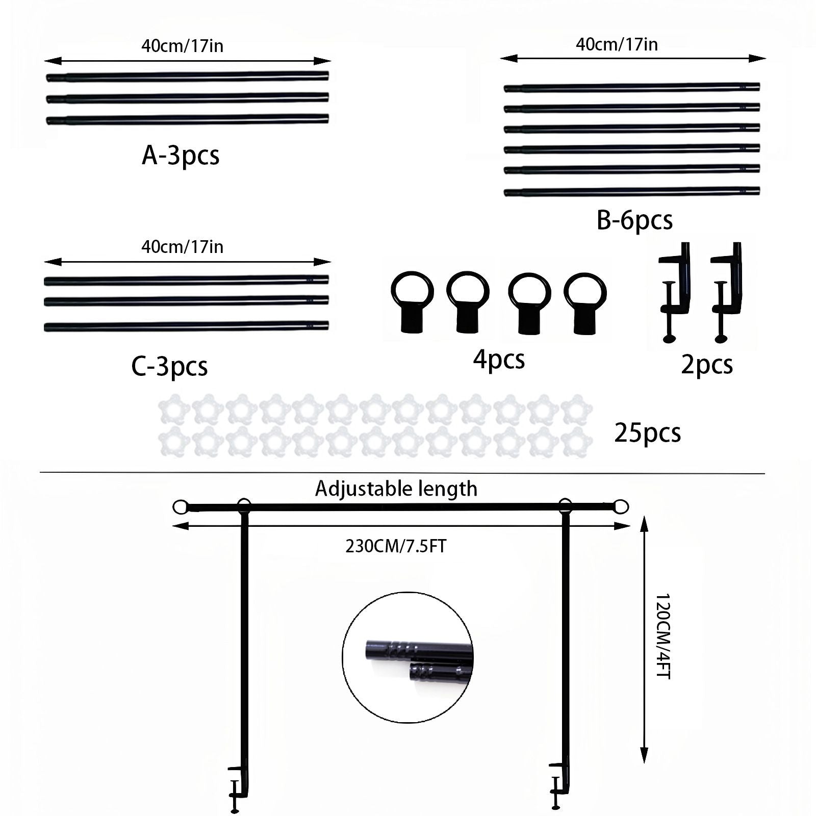 Gold Iron Over Table Arch Display Stand with Fixed Clamps and Buckles for Balloons and Decorations, L 120-230cm & H 78-120cm Adjustable Wedding Party Table Rod Backdrop Frame for Birthday, Baby Showers and Celebrations