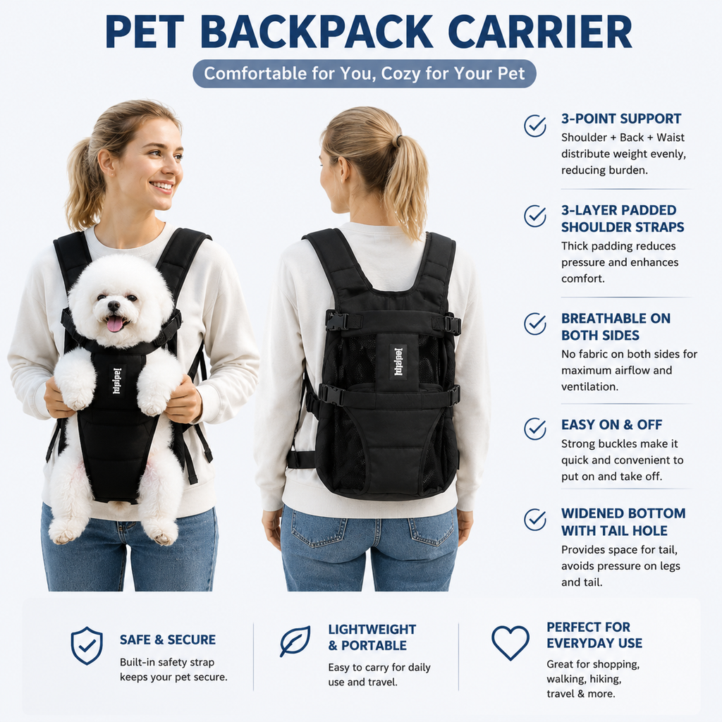 Black Hands Free Adjustable Dog Carrier Backpack with 3-Point Support, Reserved Tail Opening and Wide Padded Straps - Chest & Back Dual Use, Breathable on Both Sides and Quick-release Safety Buckles for Walking Bike Travel Outdoor Use, M Size
