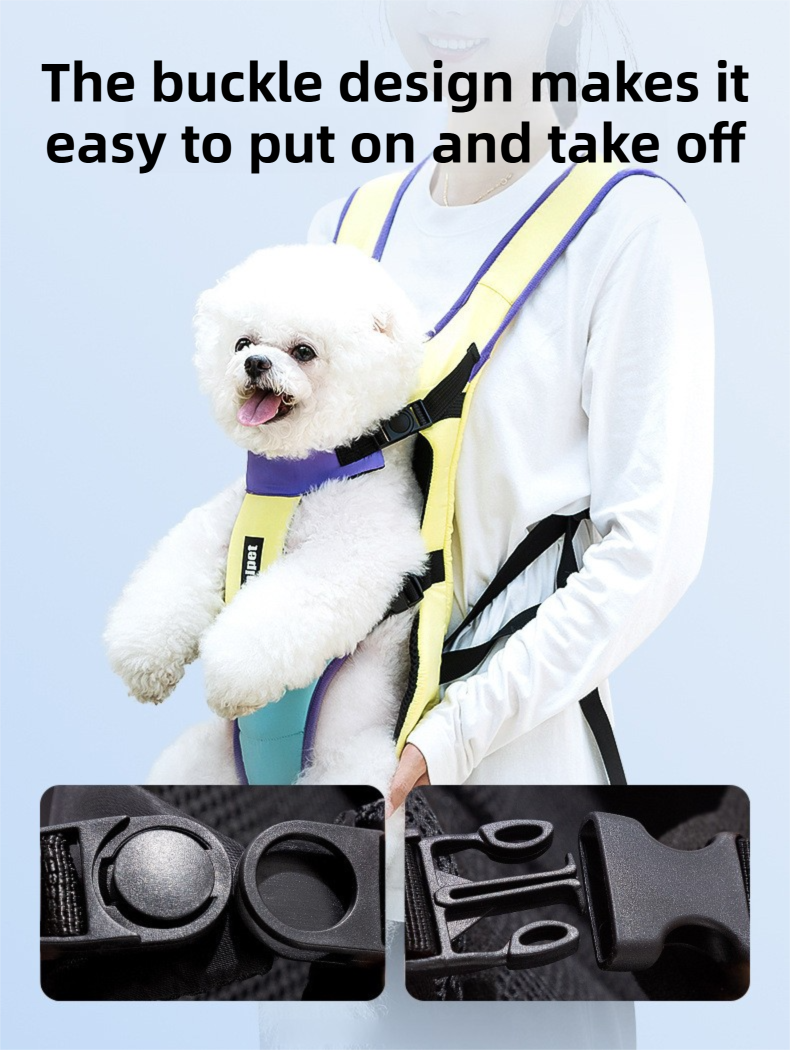 Yellow Purple Hands Free Adjustable Dog Carrier Backpack with 3-Point Support, Reserved Tail Opening and Wide Padded Straps - Chest & Back Dual Use, Breathable on Both Sides and Quick-release Safety Buckles for Walking Bike Travel Outdoor Use, M Size