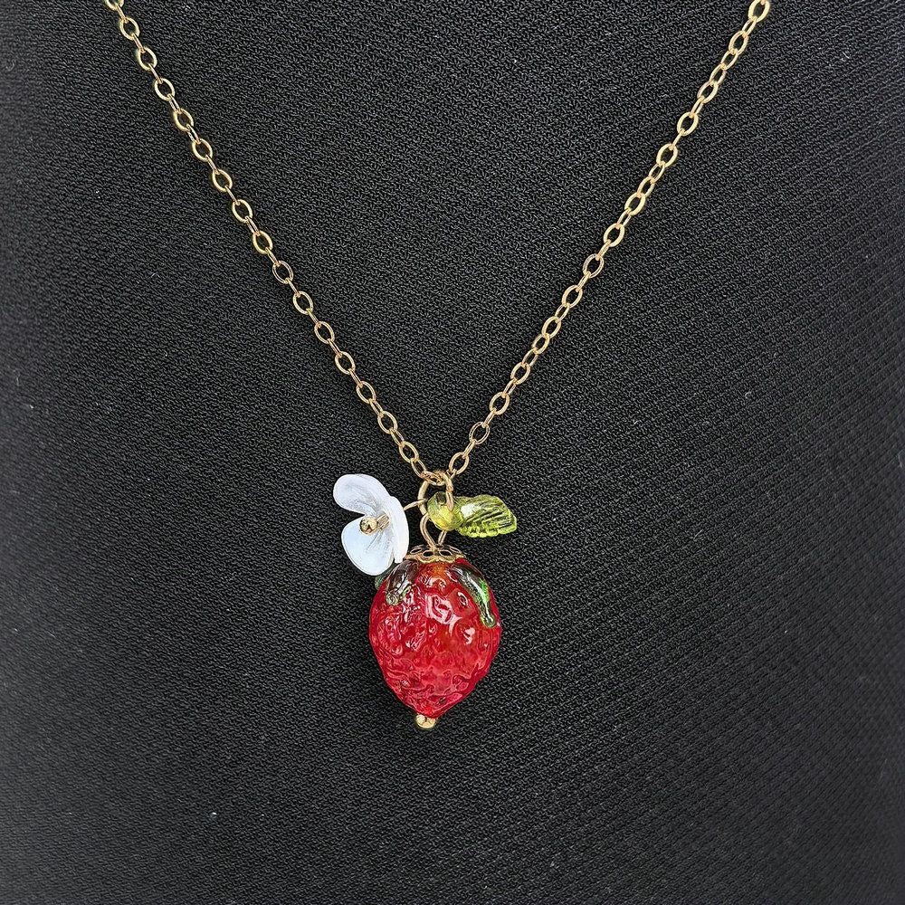 Cute Crystal Strawberry Pendant Jewelry Set for Women with Flower Berries Leaves Bow Earrings and Necklace - Vintage Gold Plated Fruit Charm Accessories Gift Box for Daily Wear, Parties, Dates and Occasions