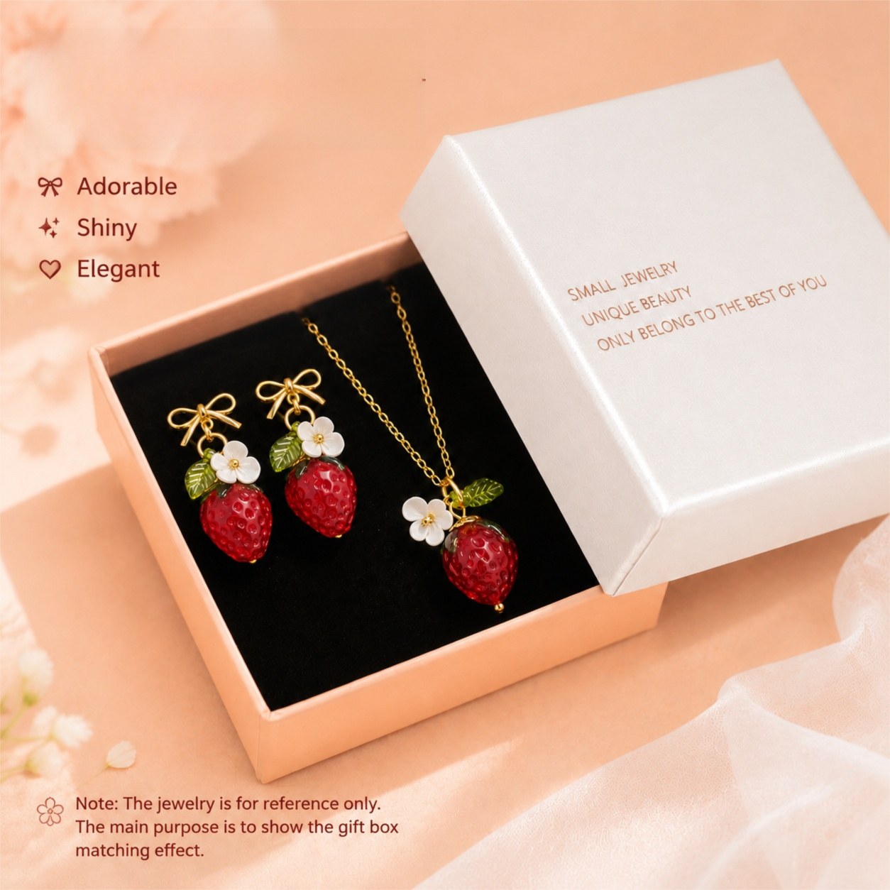 Cute Crystal Strawberry Pendant Jewelry Set for Women with Flower Berries Leaves Design Stud Earrings and Necklace - Vintage Gold Plated Fruit Charm Accessories Gift Box for Daily Wear, Parties, Dates and Occasions