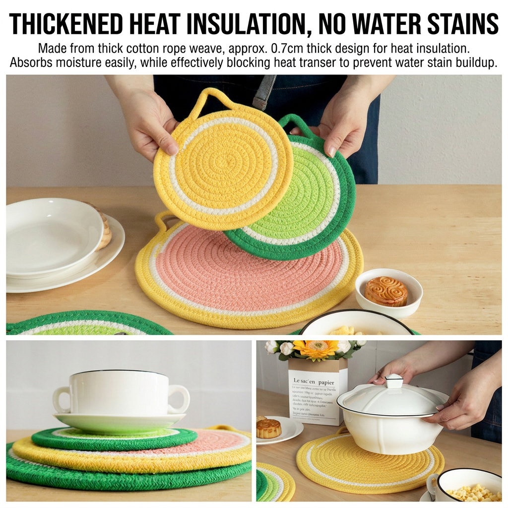 3-Piece Watermelon Inspired Kitchen Heat Resistant Set with 18cm & 30cm Round Cotton Rope Woven Trivets + 1 Pair Duckbill Oven Mitt - Foldable Table Protection Mats and Red Polka Dot Cooking Gloves, Perfect for Home Baking and Cooking Lover