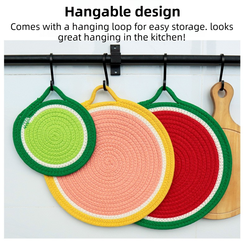 3-Piece Watermelon Inspired Kitchen Heat Resistant Set with 18cm & 30cm Round Cotton Rope Woven Trivets + 1 Pair Duckbill Oven Mitt - Foldable Table Protection Mats and Red Polka Dot Cooking Gloves, Perfect for Home Baking and Cooking Lover
